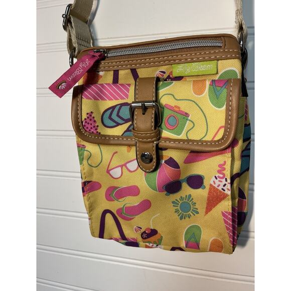 Lily Bloom Crossbody Purse Yellow Beach Days print Adjustable Recycled Pockets - Picture 3 of 15